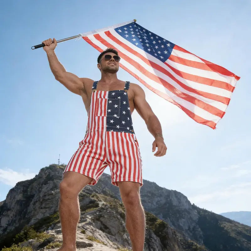 4th of July American Flag Overalls – Patriotic Stretch Denim Romper for Men & Women