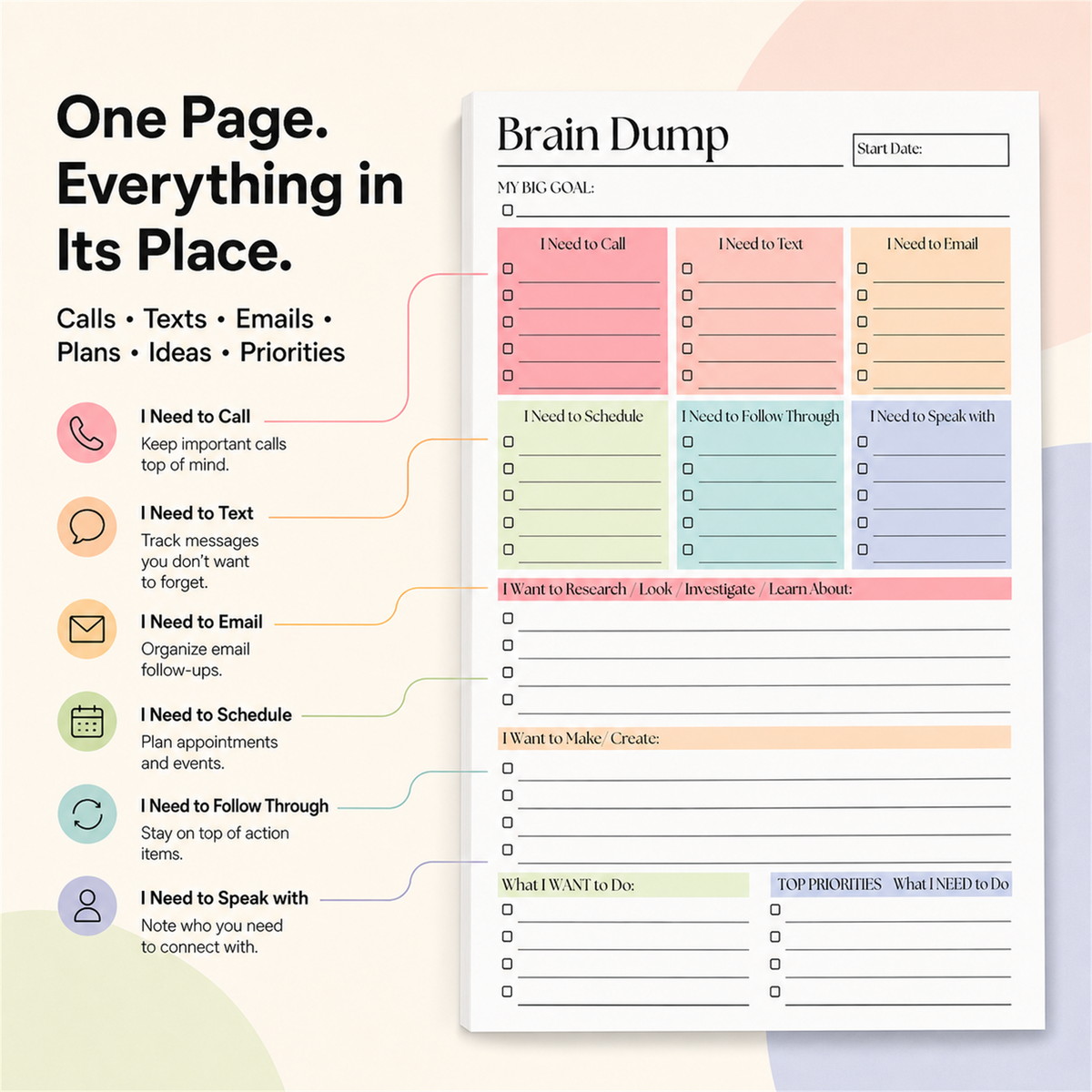 🧠 ADHD Brain Dump Notepad – Organize Tasks & Priorities | 50 Sheets ✅