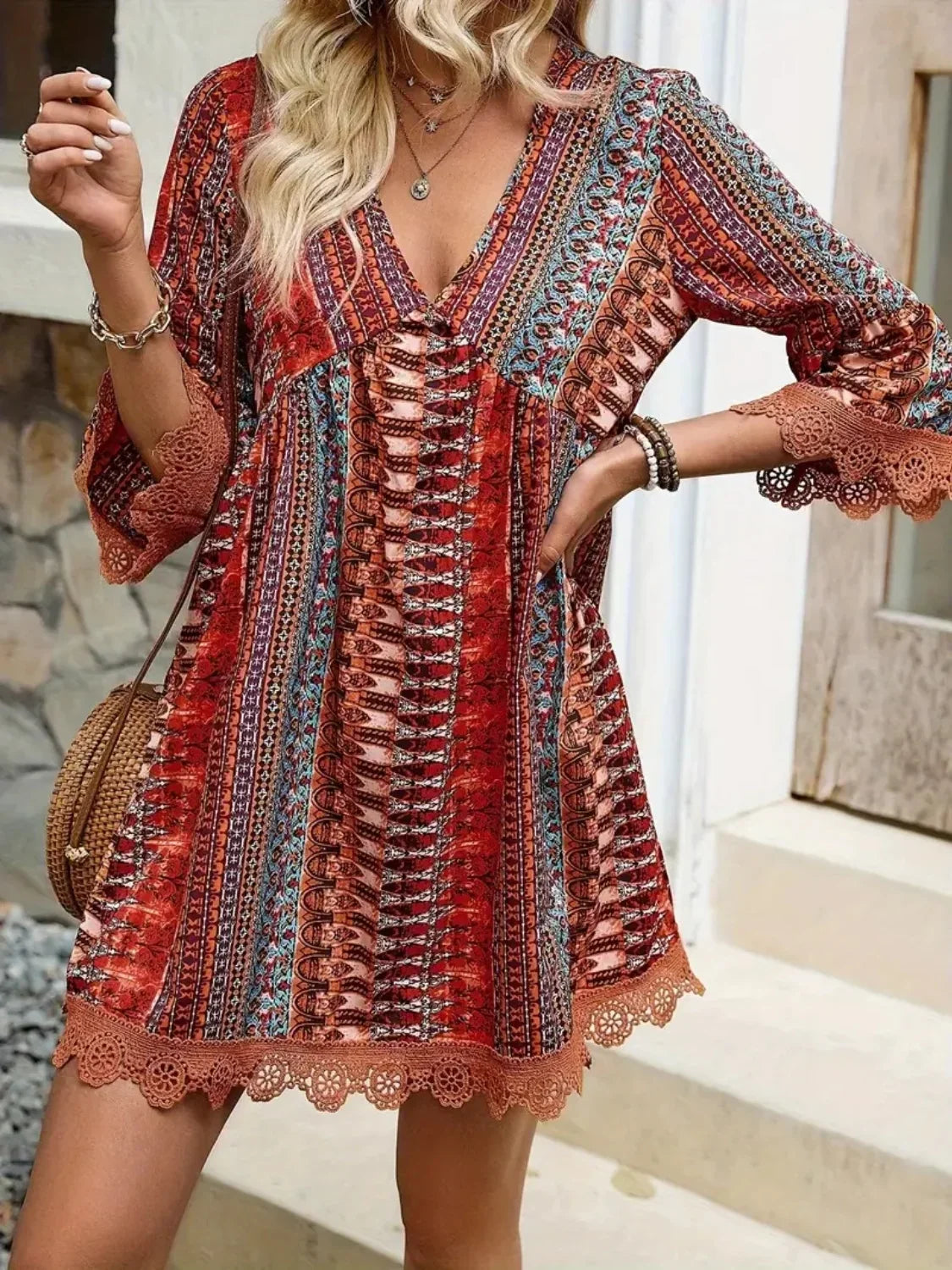 Women's Bohemian Print V-Neck Dress
