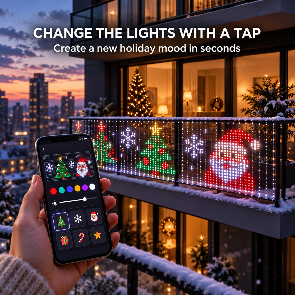 🎄Smart RGB Pixel Curtain Lights - App-Controlled Animated Holiday Display for Balcony & Window Decor
