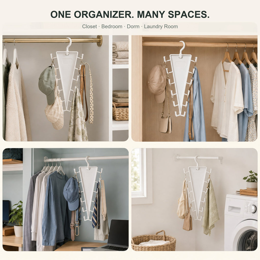 🧺 V-Shaped 12-Hook Closet Organizer – 360° Rotating Double-Sided Space Saver