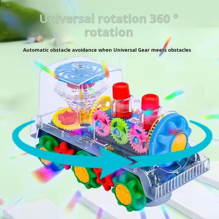 🧠🧩Perfect Gift for Kids🎁Interactive Transparent Train Toy with LED Light and Sound, 360 Rotating Engine Toy for Kids, Baby Sound Toys, Automatic Obstacle Avoidance
