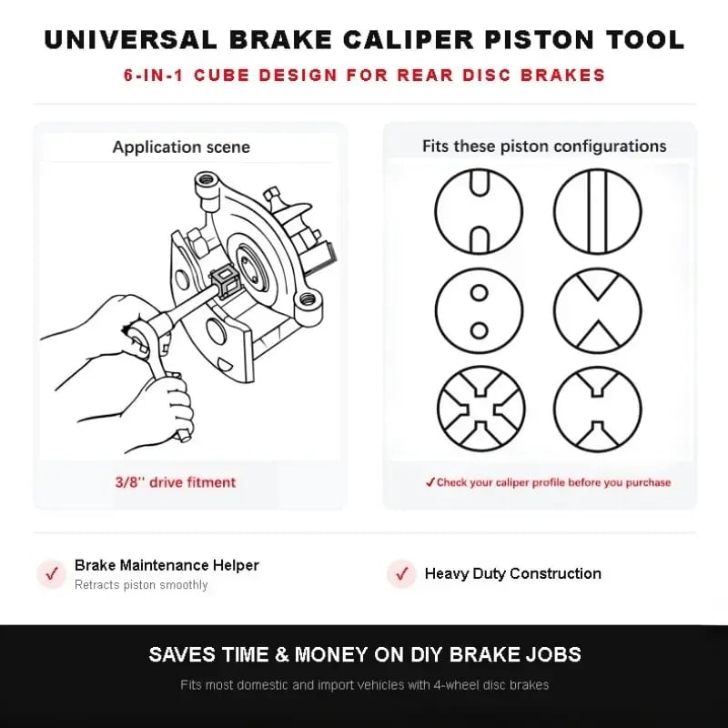 🚗 6-Side Brake Caliper Piston Rewind Tool | 3/8" Drive Rear Brake Compression Tool for Disc Brake Pad Replacement | High-Strength Carbon Steel