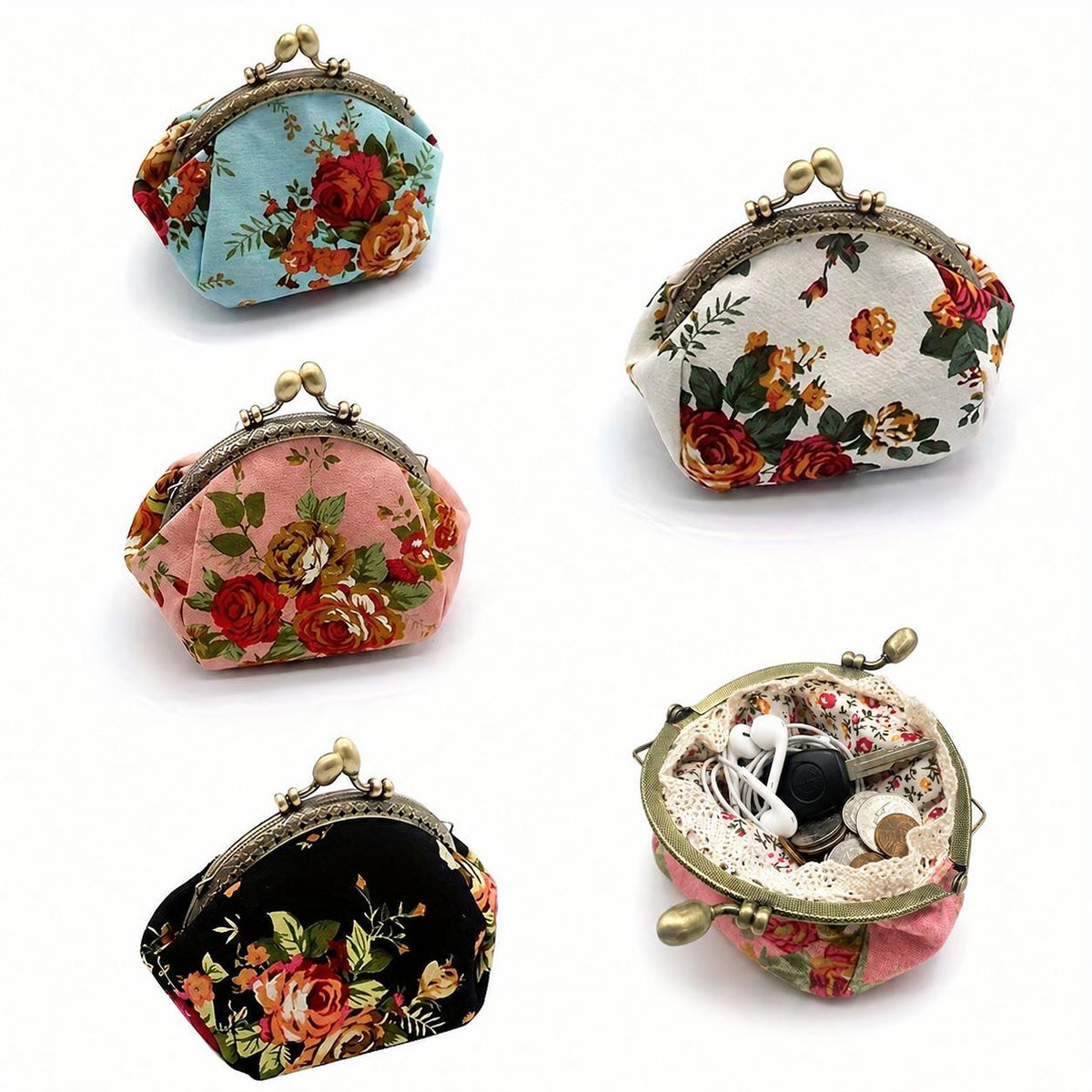 🌸 Vintage Floral Kiss-Lock Mini Wallet Clutch — Lightweight Daily Carry Purse for Women