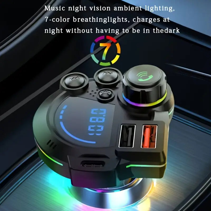 🚗 20W Bluetooth 5.3 FM Transmitter Car Charger – Fast Charging, Hands-Free Calls & RGB Ambient Lighting