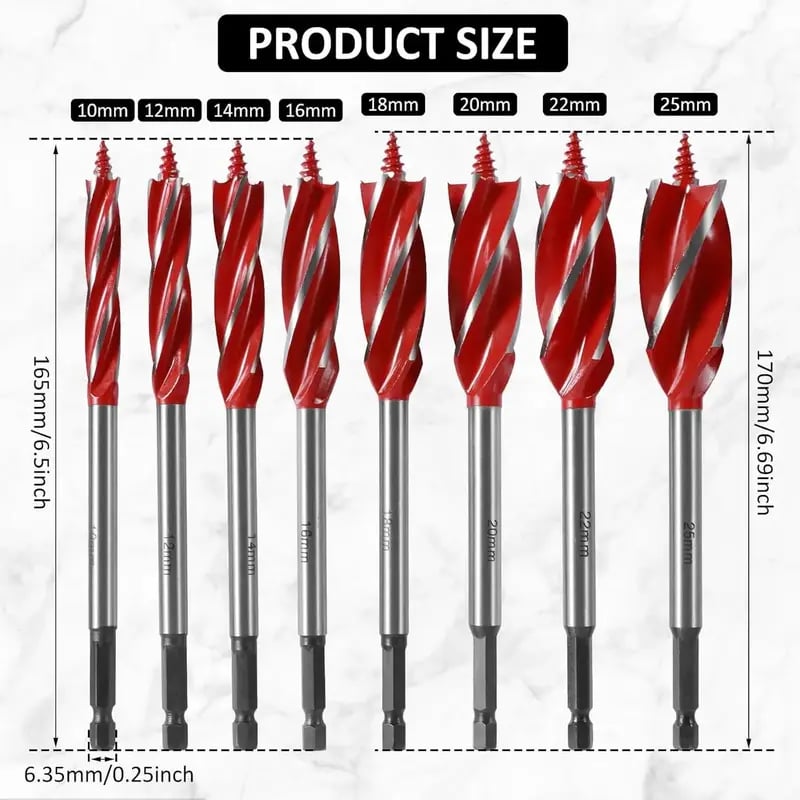 💯💯8PCS High Carbon Steel Wood Drill Bits Set, 4-Flute Hex Shank Wood Boring Bits 10-25mm for Timber Plastic Drilling 🛠️