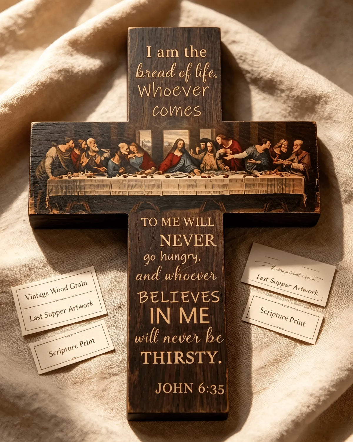 ✝️ The Last Supper Vintage Wooden Cross | John 6:35 Scripture Wall Décor