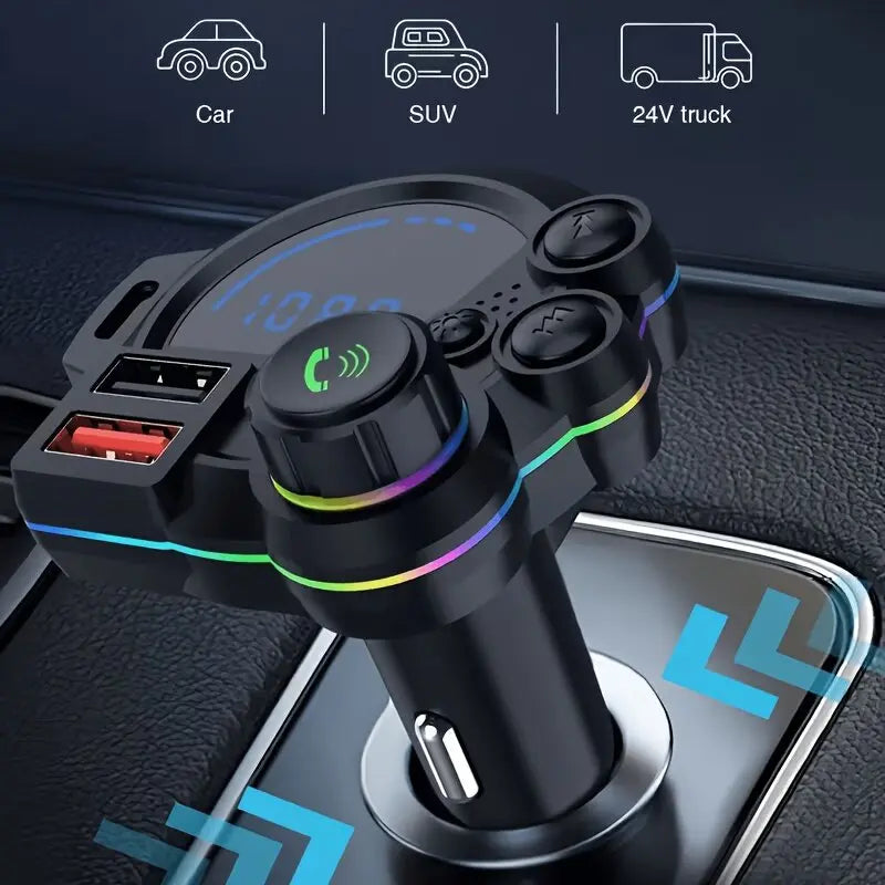 🚗 20W Bluetooth 5.3 FM Transmitter Car Charger – Fast Charging, Hands-Free Calls & RGB Ambient Lighting