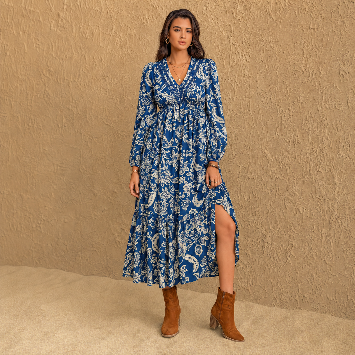 Women's Floral Boho V-Neck Long Sleeve Maxi Dress