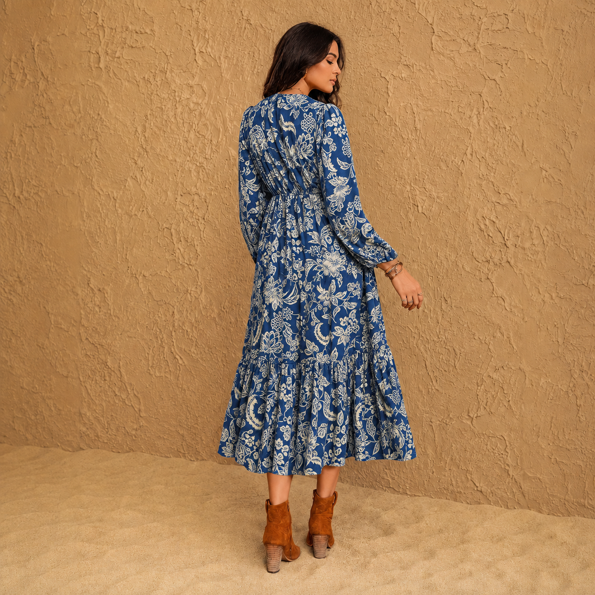 Women's Floral Boho V-Neck Long Sleeve Maxi Dress