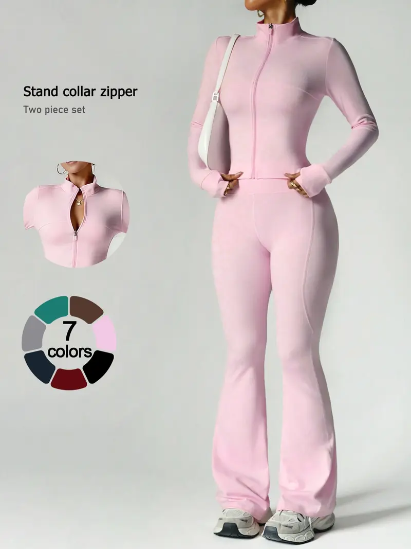 Women's 2-Piece Zip-Up Lounge Set | Long Sleeve Stand Collar Jacket + Flare Pants | Casual Outfit for Travel, Vacation & Everyday Wear