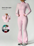 Women's 2-Piece Zip-Up Lounge Set | Long Sleeve Stand Collar Jacket + Flare Pants | Casual Outfit for Travel, Vacation & Everyday Wear