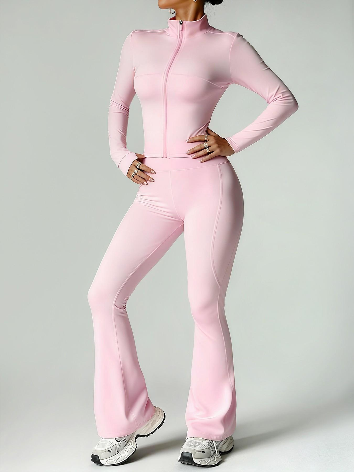 Women's 2-Piece Zip-Up Lounge Set | Long Sleeve Stand Collar Jacket + Flare Pants | Casual Outfit for Travel, Vacation & Everyday Wear