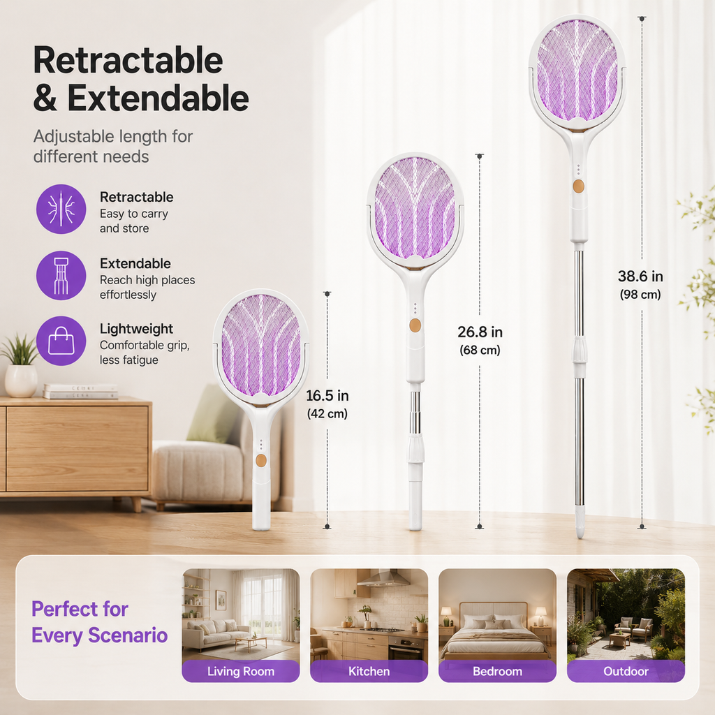 Retractable electric mosquito swatter, 1200mAh rechargeable