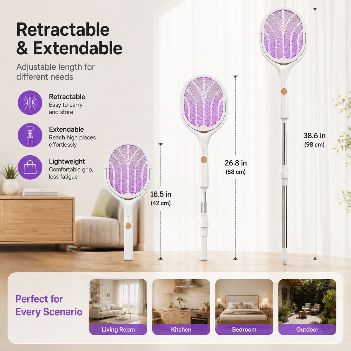 Retractable electric mosquito swatter, 1200mAh rechargeable