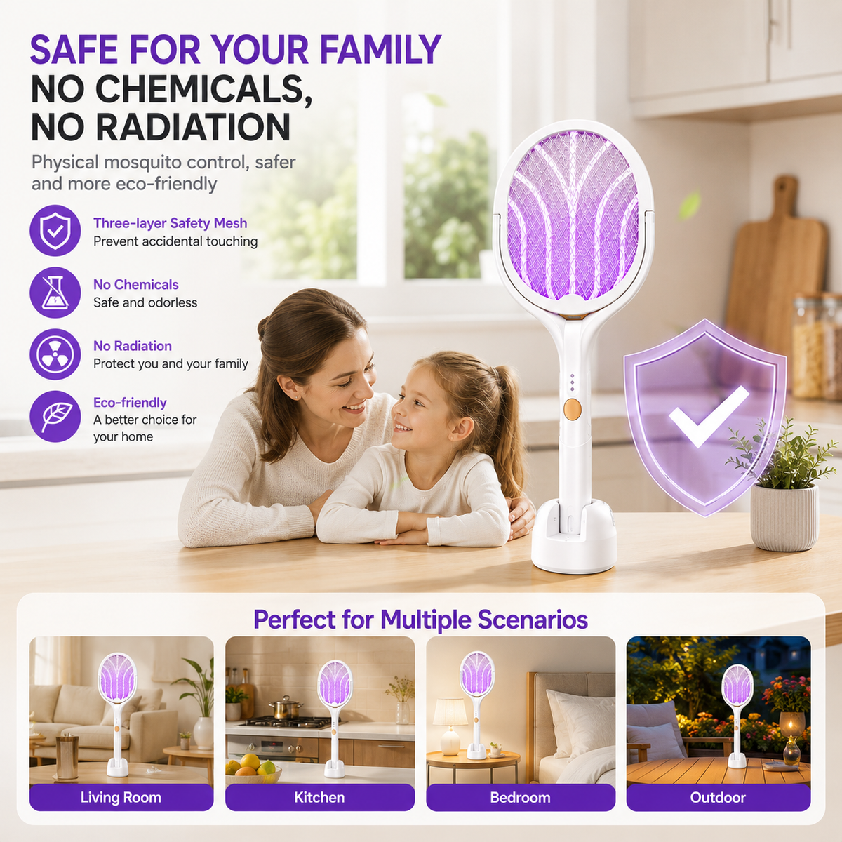 Retractable electric mosquito swatter, 1200mAh rechargeable