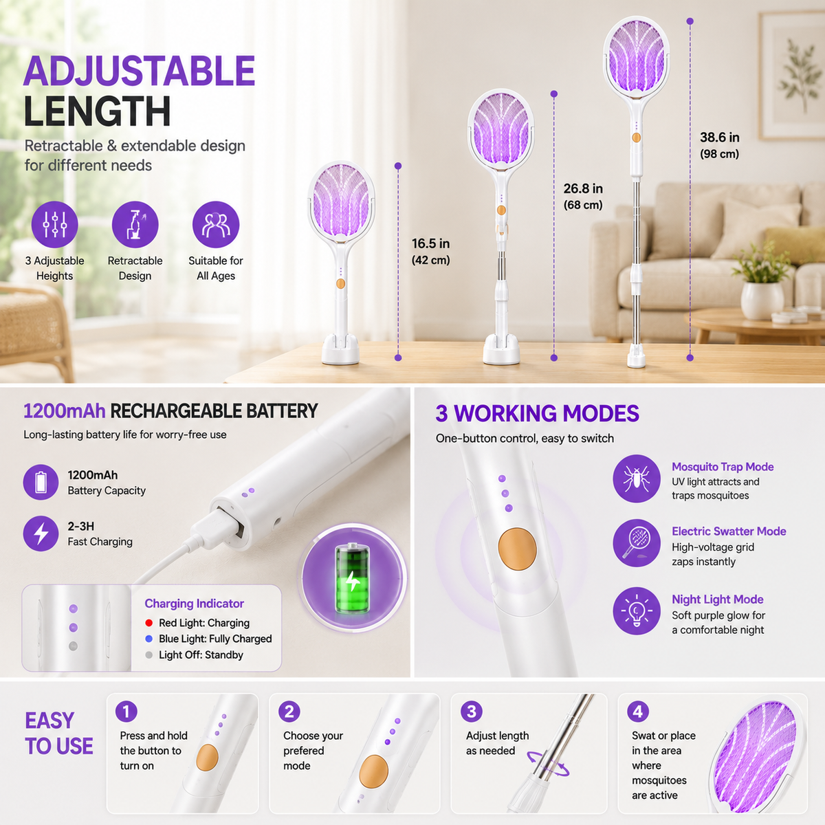 Retractable electric mosquito swatter, 1200mAh rechargeable