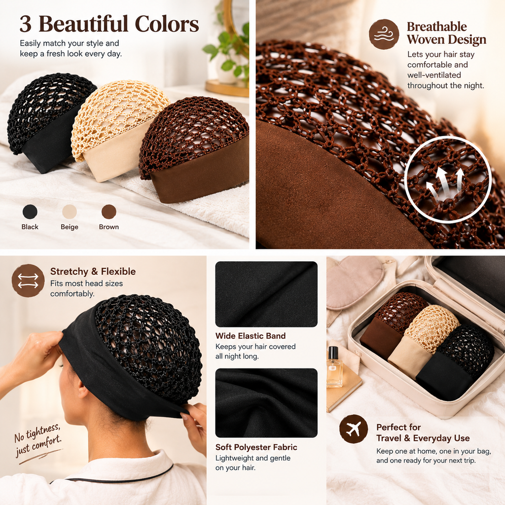 💤💤3-Pack Crochet Open-Weave Sleep Cap – Hair Protection: Wake Up to Better-Looking Hair