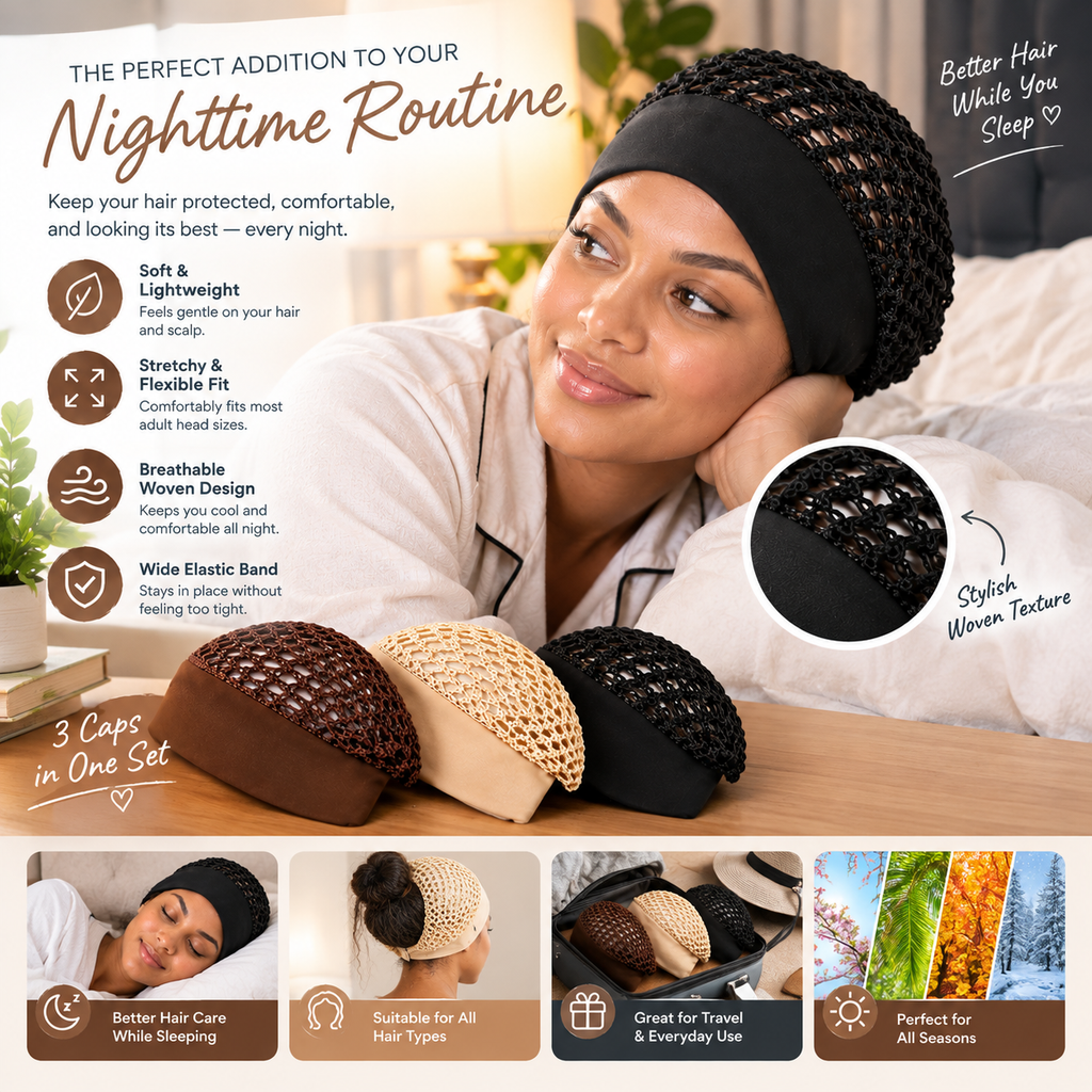 3-Pack Crochet Open-Weave Sleep Cap – Hair Protection: Wake Up to Better-Looking Hair