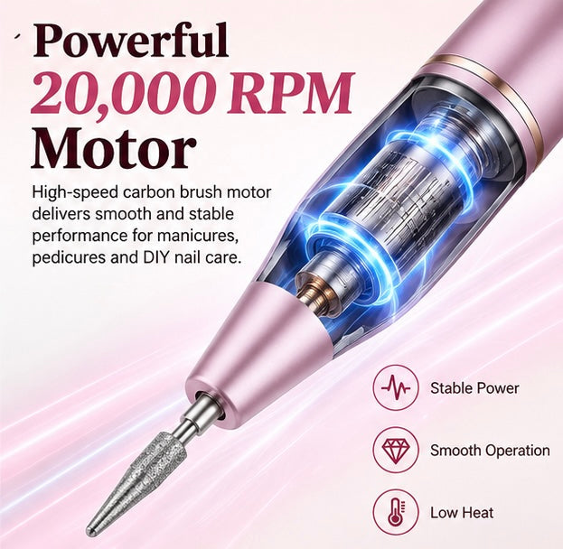 Portable electric nail file with grinding set; suitable for manicures and pedicures; lightweight and portable.