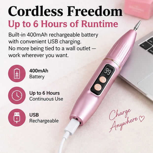 Portable electric nail file with grinding set; suitable for manicures and pedicures; lightweight and portable.