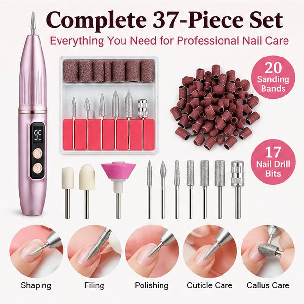 Portable electric nail file with grinding set; suitable for manicures and pedicures; lightweight and portable.