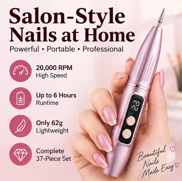 Portable electric nail file with grinding set; suitable for manicures and pedicures; lightweight and portable.