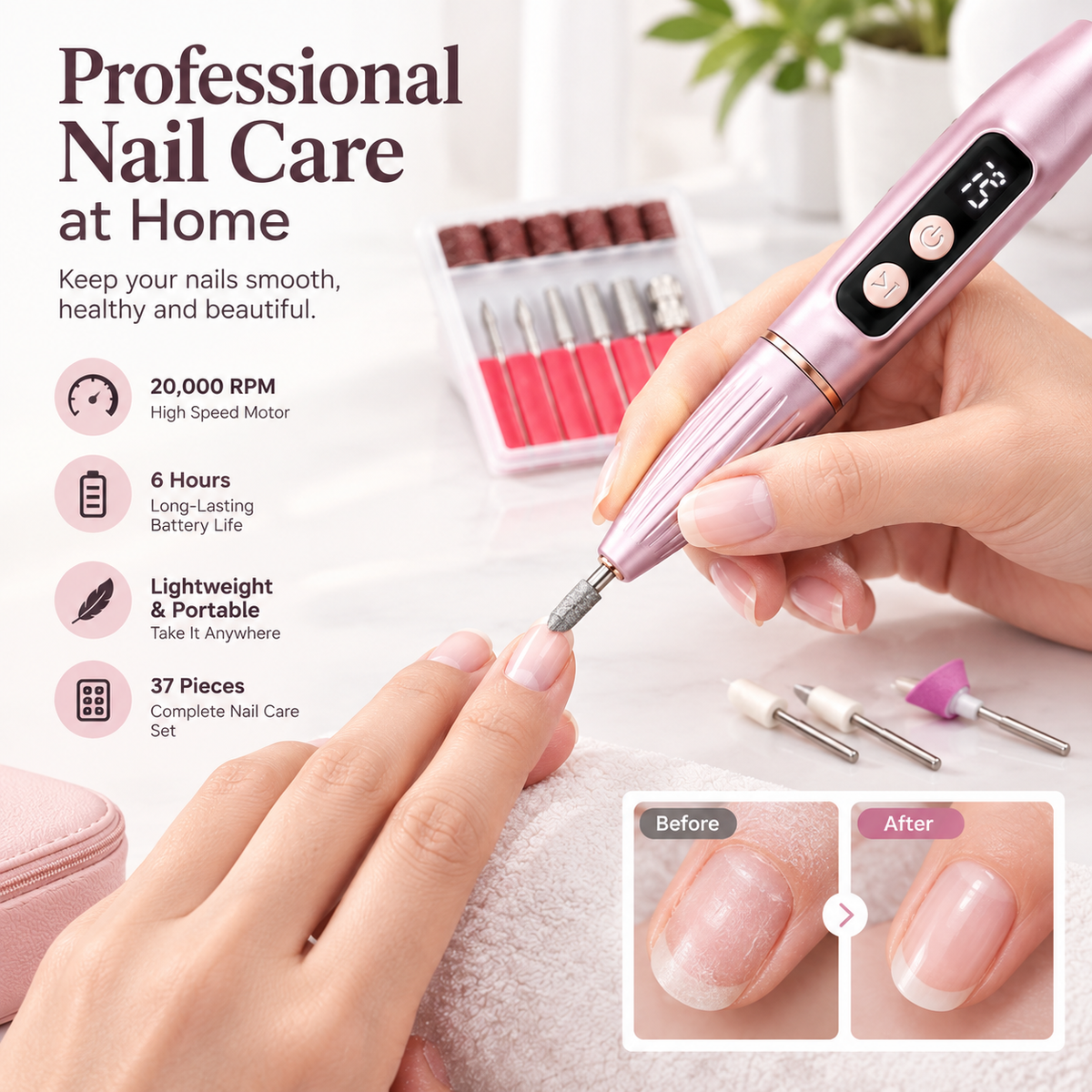 Portable electric nail file with grinding set; suitable for manicures and pedicures; lightweight and portable.