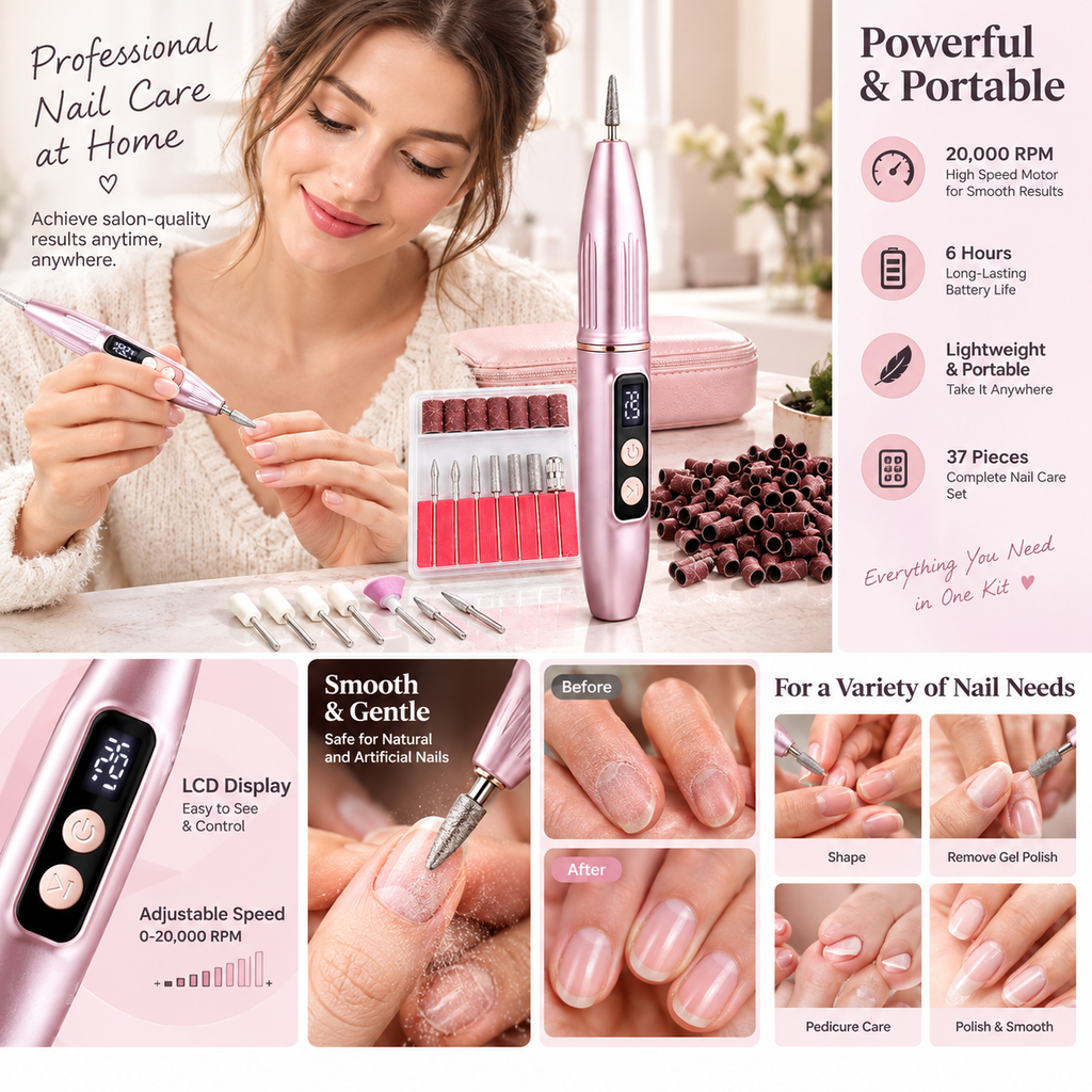 Portable electric nail file with grinding set; suitable for manicures and pedicures; lightweight and portable.