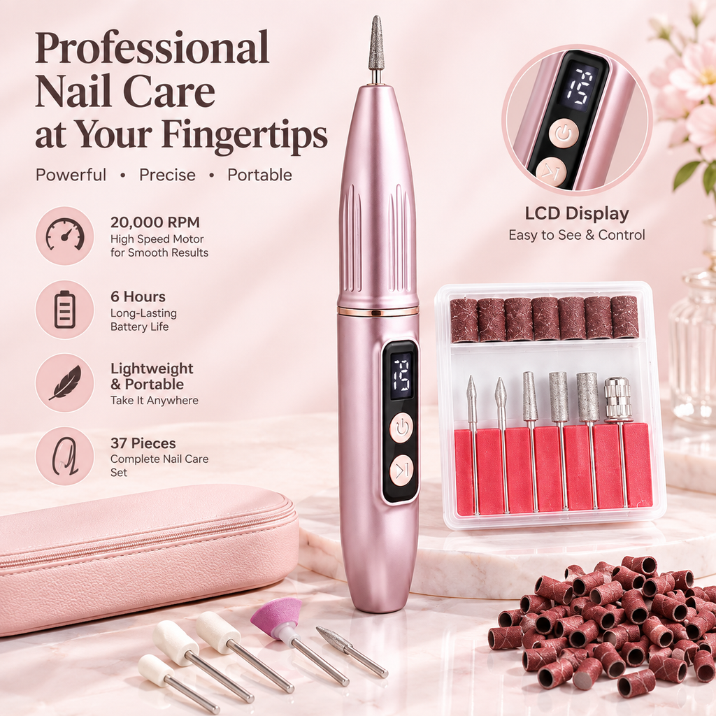 Portable electric nail file with grinding set; suitable for manicures and pedicures; lightweight and portable.