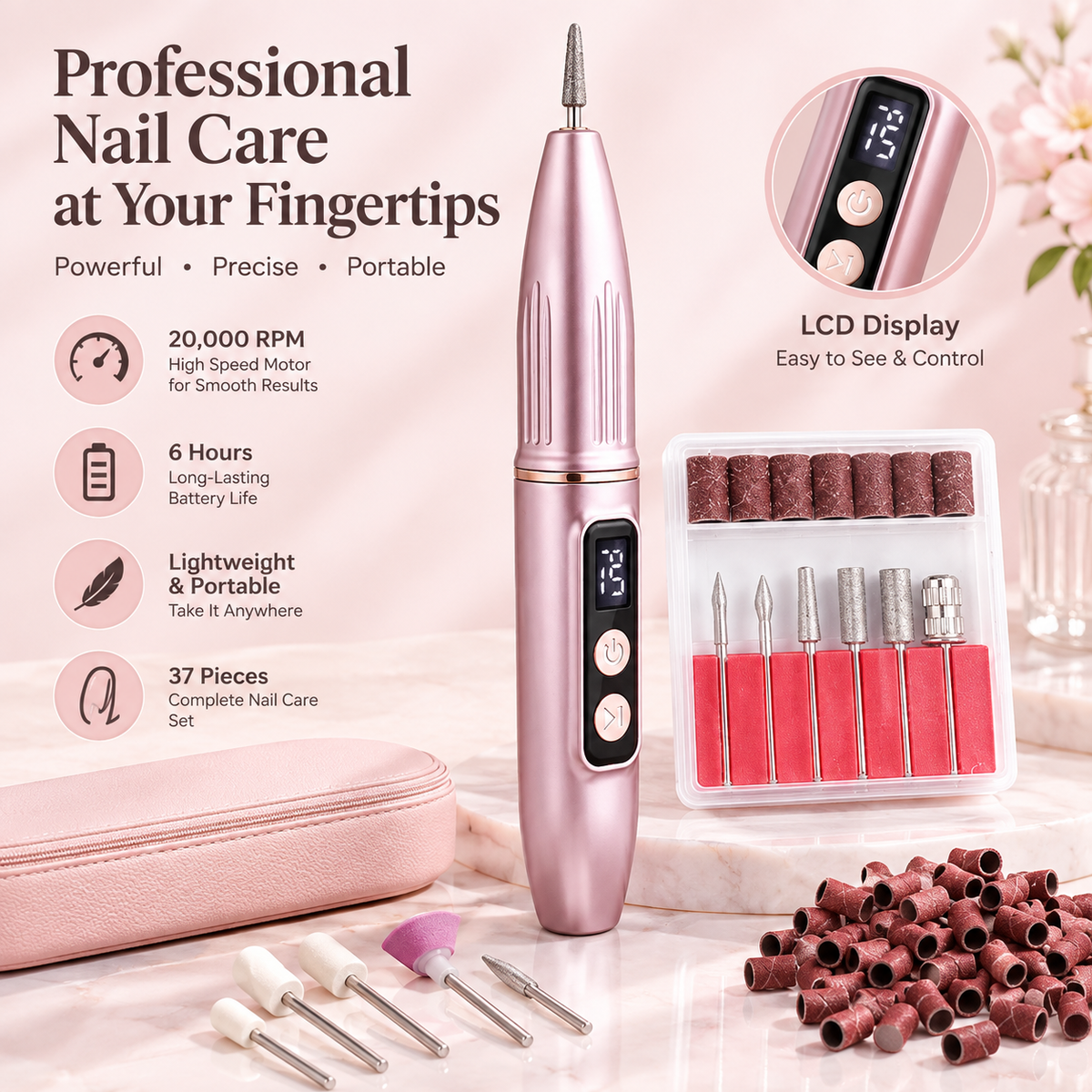 Portable electric nail file with grinding set; suitable for manicures and pedicures; lightweight and portable.