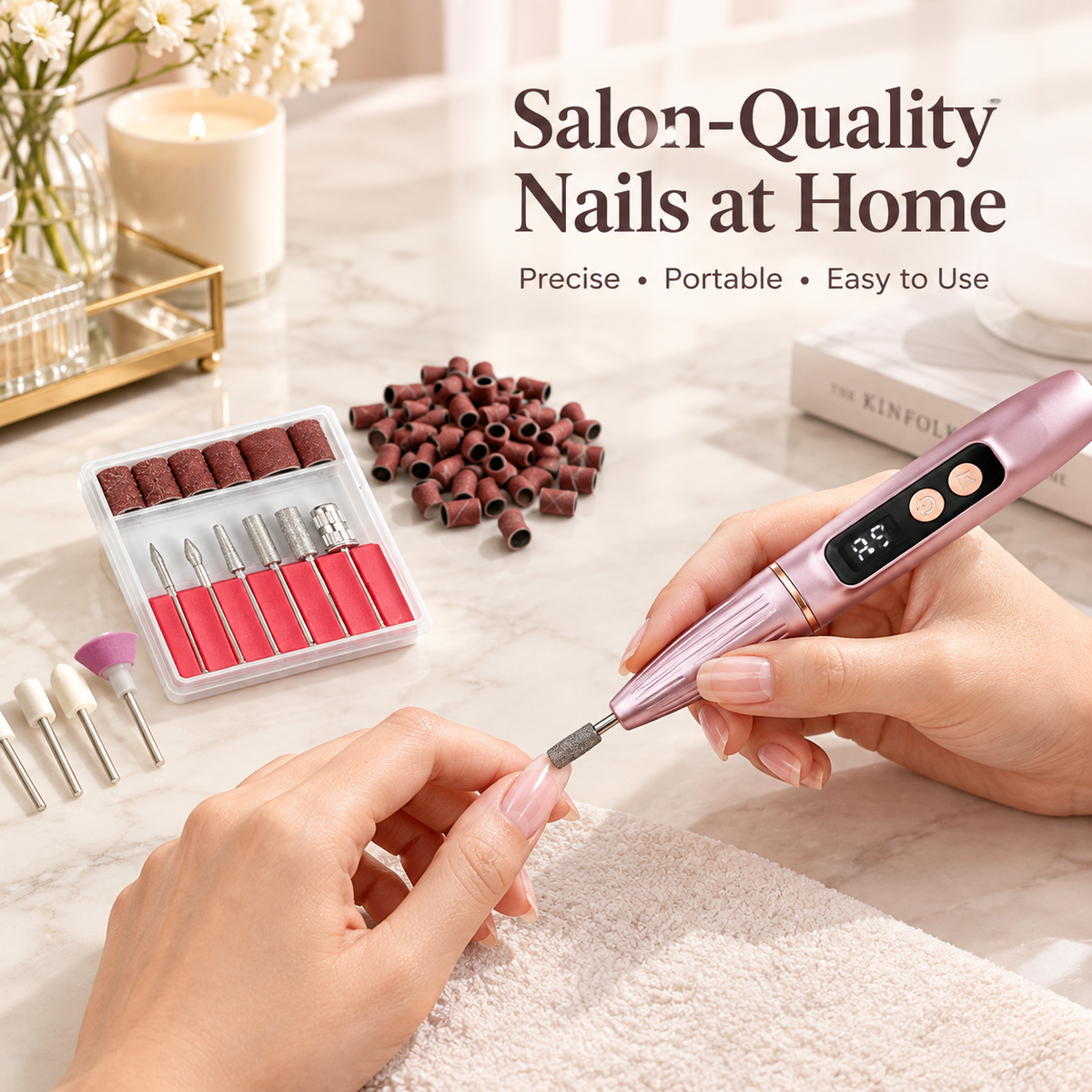 Portable electric nail file with grinding set; suitable for manicures and pedicures; lightweight and portable.