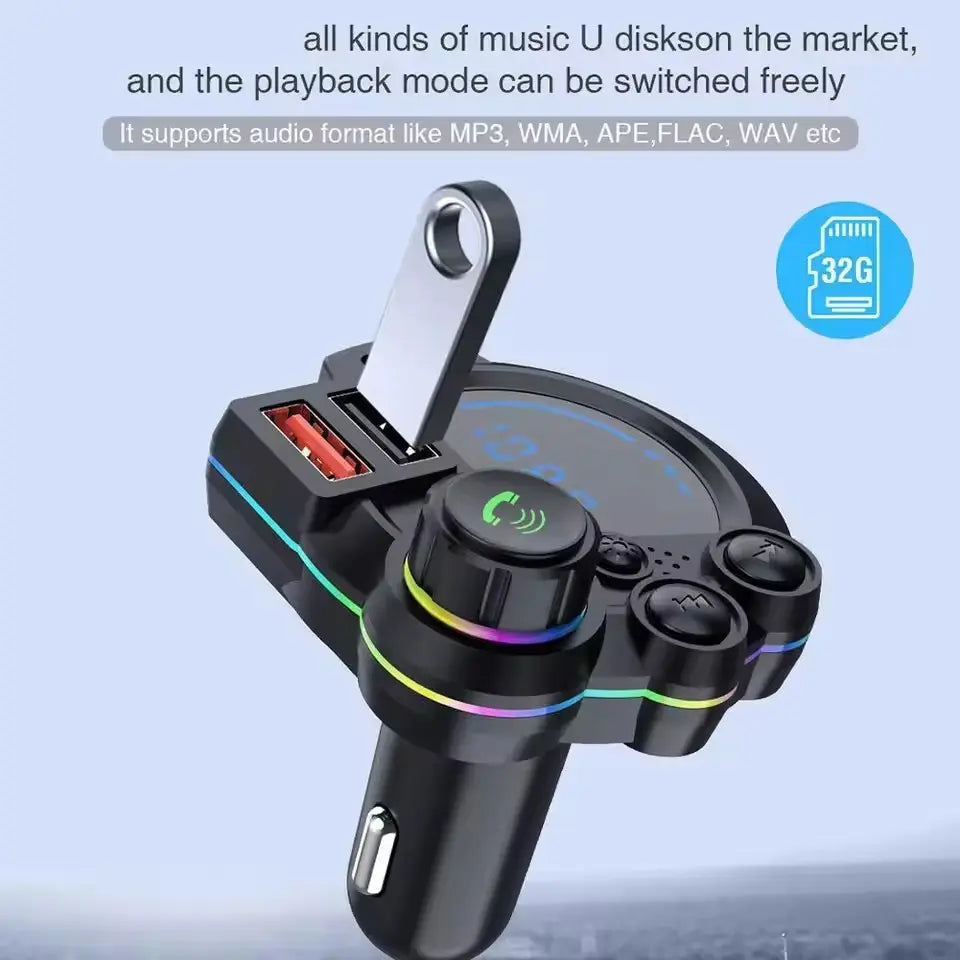 🚗 20W Bluetooth 5.3 FM Transmitter Car Charger – Fast Charging, Hands-Free Calls & RGB Ambient Lighting