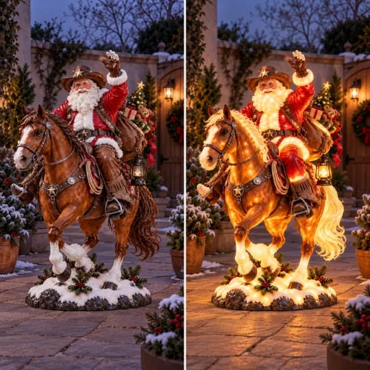 🎅🤠 Western Cowboy Santa on Horse Lighted Christmas Statue | Rustic Ranch Holiday Outdoor Décor