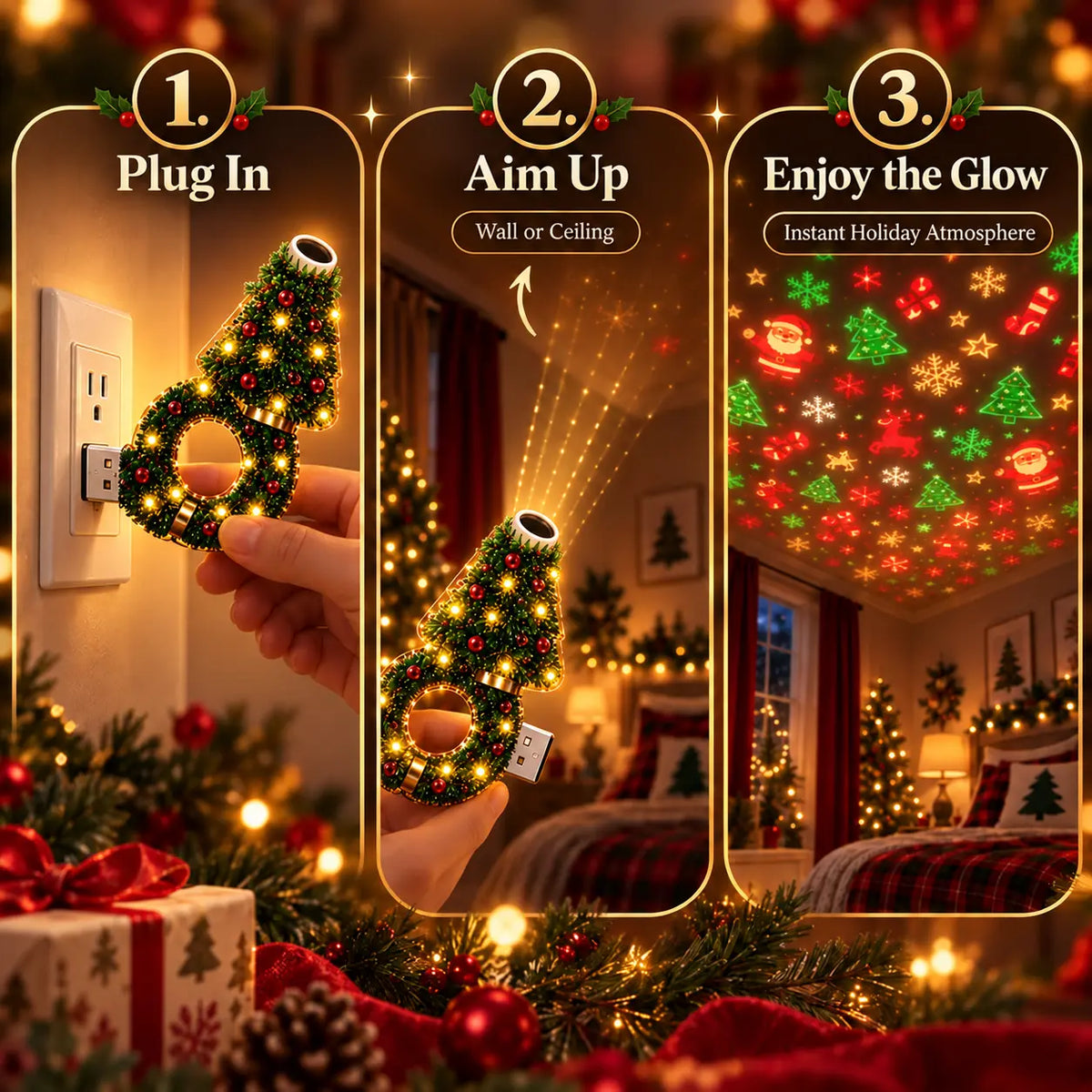 🎄 2026 Christmas Projector Night Light – USB Plug-In Holiday Projector Lamp | 6+ Festive Patterns for Bedroom, Party & Christmas Décor