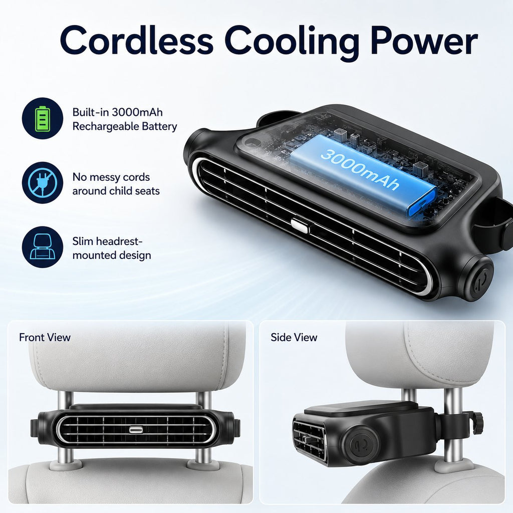 🚗 3000mAh Rechargeable Cordless Car Seat Cooling Fan with 3-Speeds