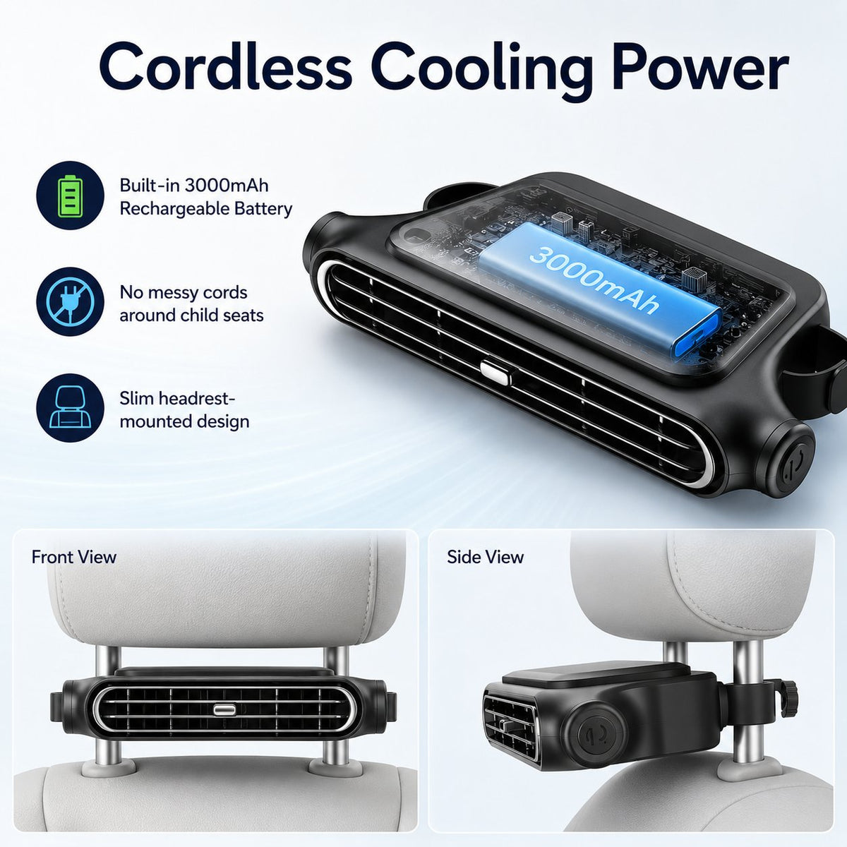 🚗 3000mAh Rechargeable Cordless Car Seat Cooling Fan with 3-Speeds