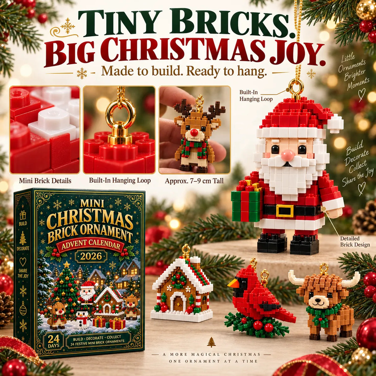 🎄🧱 24-Day Mini Christmas Brick Ornament Advent Calendar – Build, Hang & Keep 24 Holiday Ornaments 🎁✨