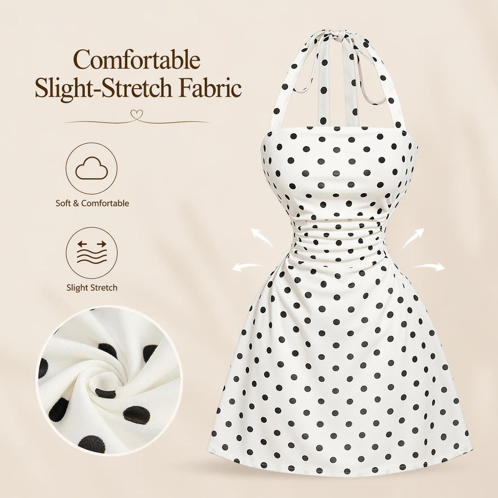 Women's Ruched Tie Back Halter Neck A-Line Mini Dress – Sleeveless Casual Summer Dress