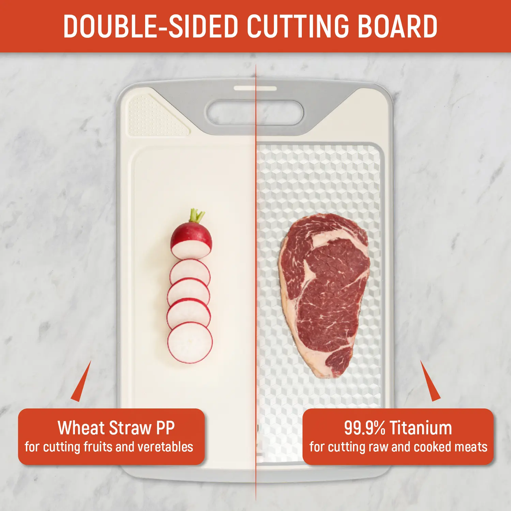 ✨2-in-1 Dual Sided Titanium Cutting Board, Stainless Steel & PP Kitchen Chopping Board