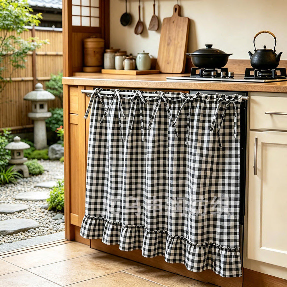 ✨2026 Farmhouse-Style Stove Curtain, Gingham Grid Ruffle-Edge Tier Curtains