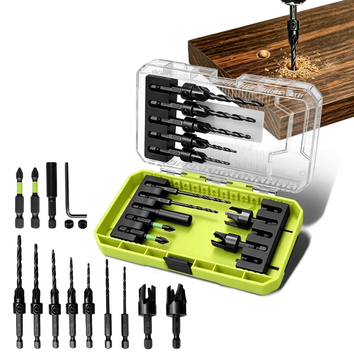 Upgrade Your Woodworking – 15PCS Adjustable Countersink Drill Bit Set with Wood Plug Cutters