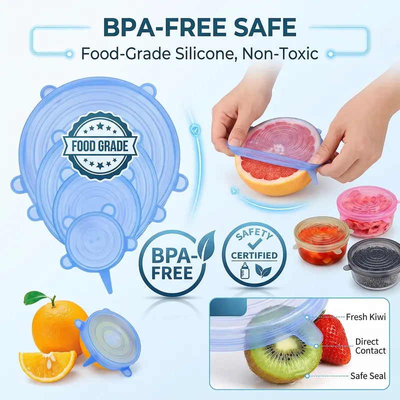 Universal Reusable Silicone Stretch Lids, 6-Pack Airtight Food Covers for Bowls, Cups, Jars & Containers