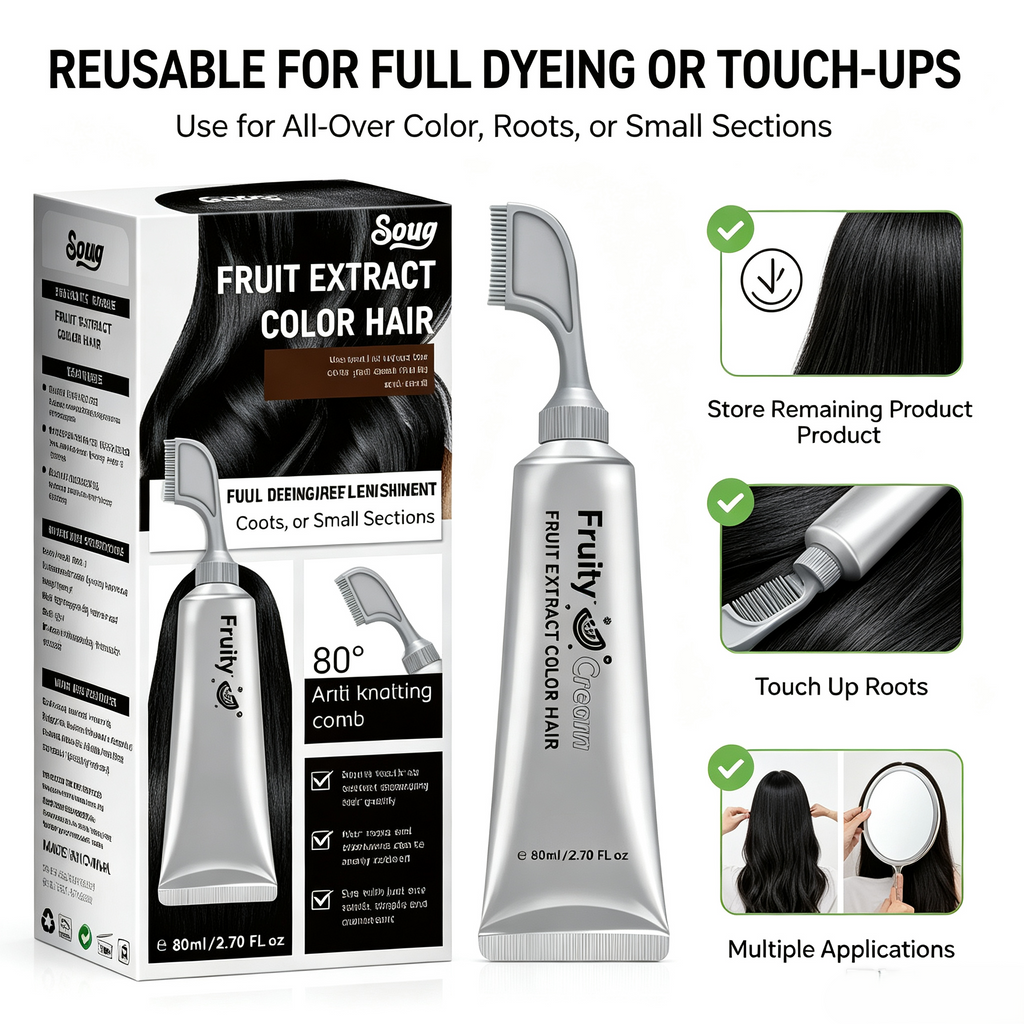 Fruit Extract Hair Dye Comb / Hair Dye Cream — Portable Home Use, Gentle Plant-Based Hair Dye for Full Hair Coloring, Reusable No Mix Hair Color