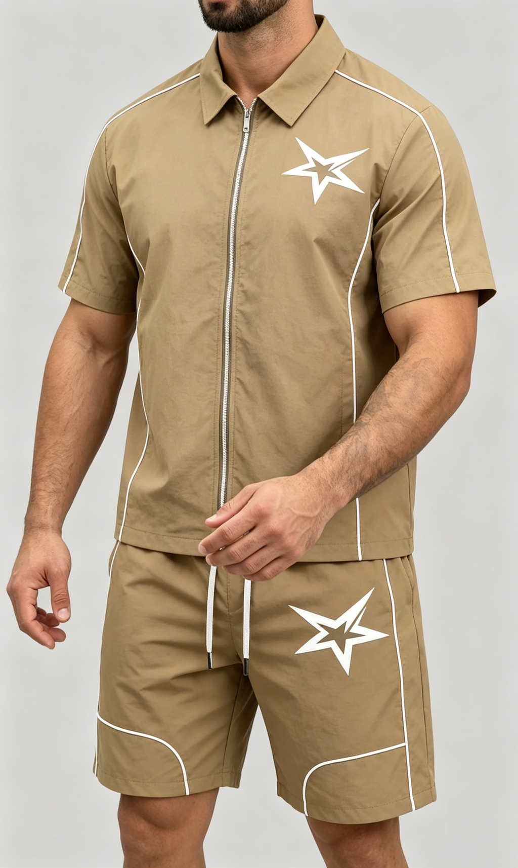 Men's 2 Pieces Outfits Casual Stars Pattern Shirt and Shorts Set Quarter-Zip Athletic