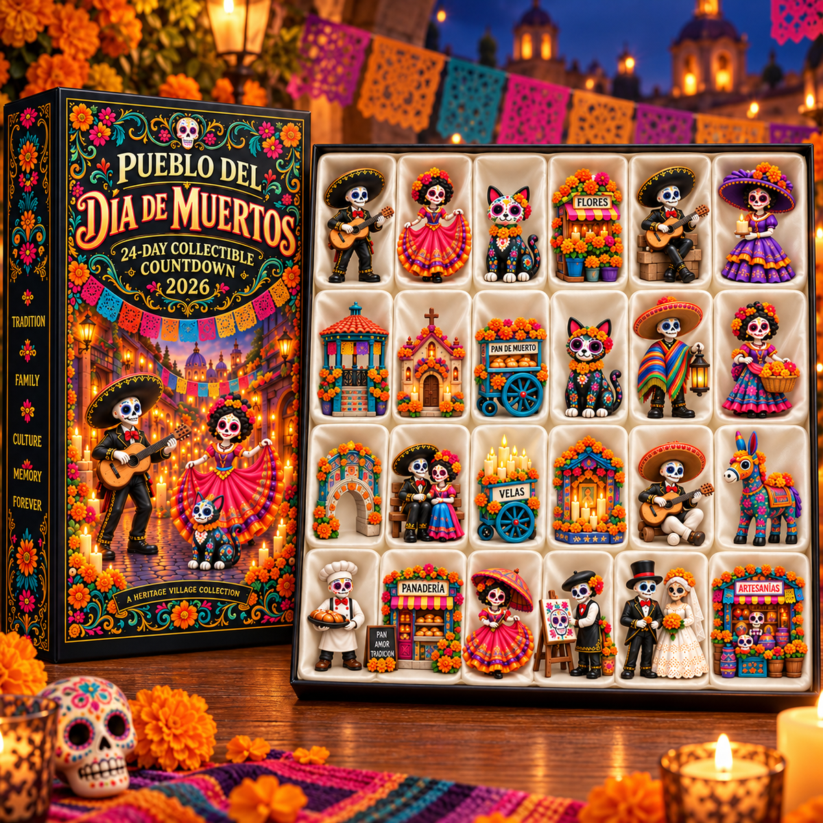 🎁🎁Pueblo del Día de Muertos 2026 – 24-Day Day of the Dead Collectible Countdown Calendar with 24 Unique Miniatures