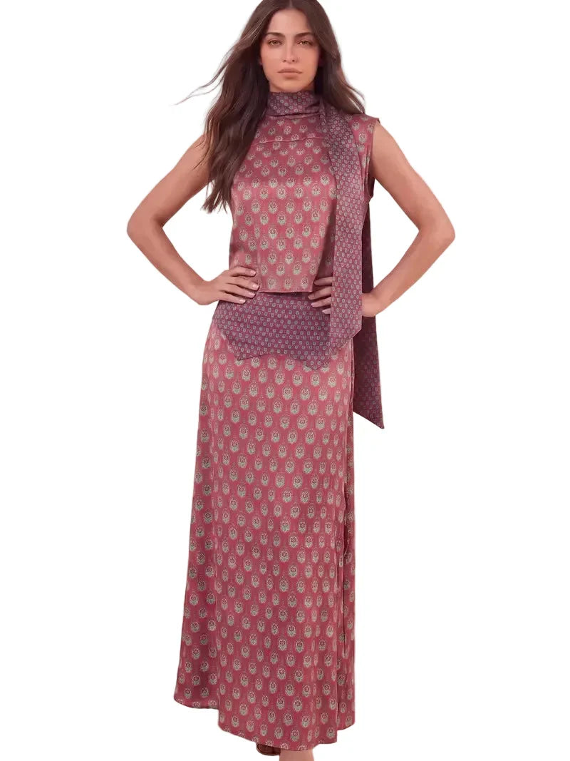 Elegant Retro Print Satin Two-Piece Set – Sleeveless Scarf Neck Halter Top & Flowing Maxi Skirt