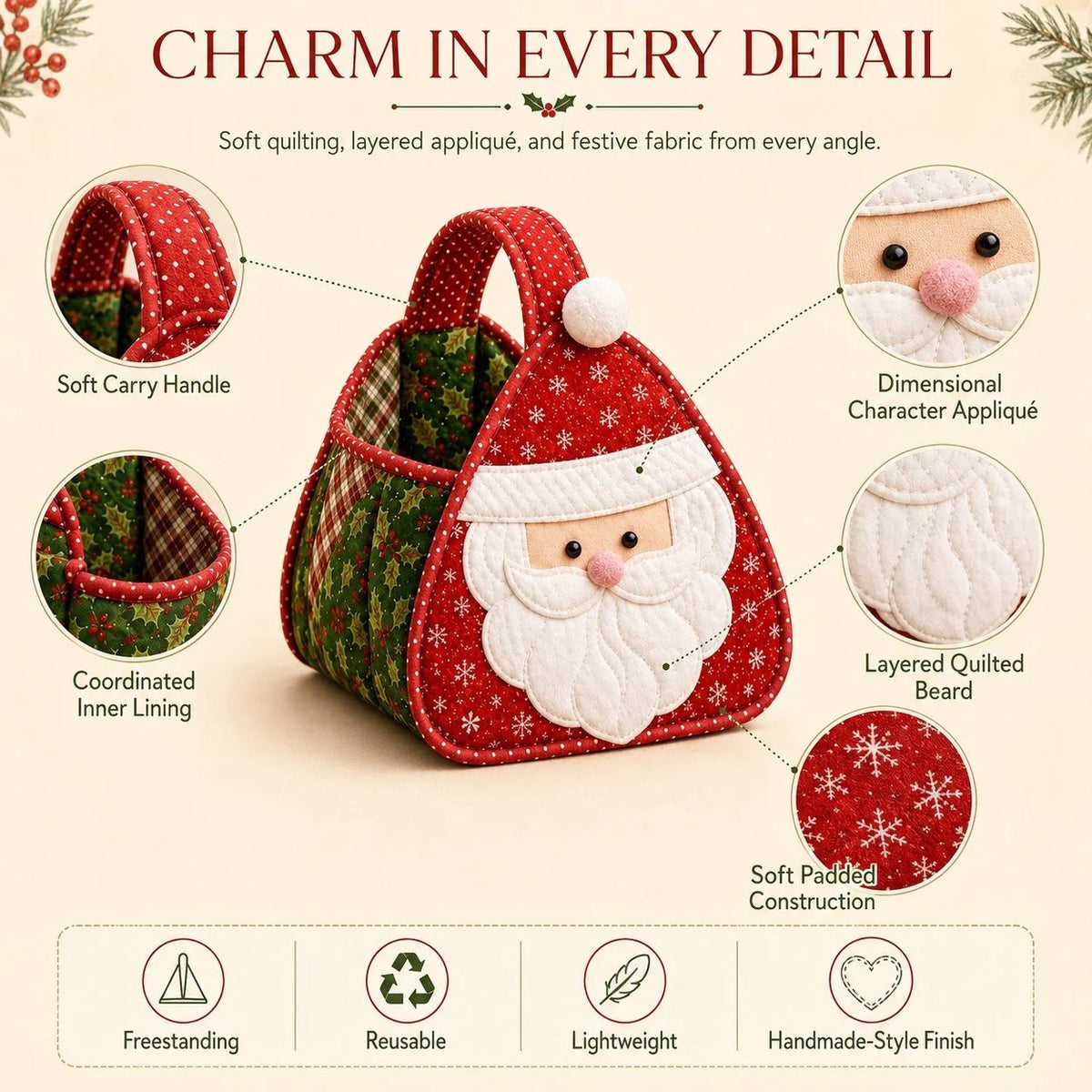 💯⏳  49% OFF – 🎄 Christmas Character Quilted Carry Basket | Padded Patchwork Fabrics, Layered Appliqué & Soft Carry Handle in DIY Kit or Ready-Made Styles 🎁✨