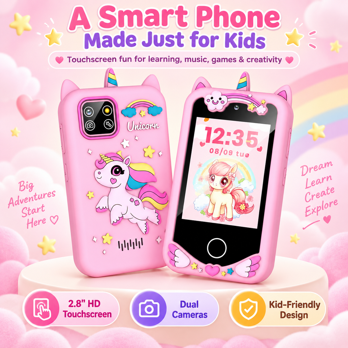 📱📸 Smartphones for children, featuring an HD touchscreen, dual cameras, and built-in MP3 player and games. 🎵🎮