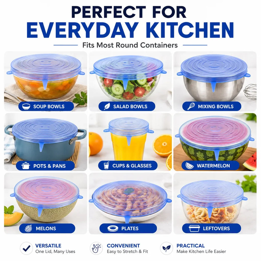 🥣✨ 6-Pack Silicone Stretch Lids – Reusable Food-Grade Container Covers 🍱
